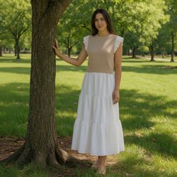 Eden Mixed Sweater Vest Midi Dress White Beige 