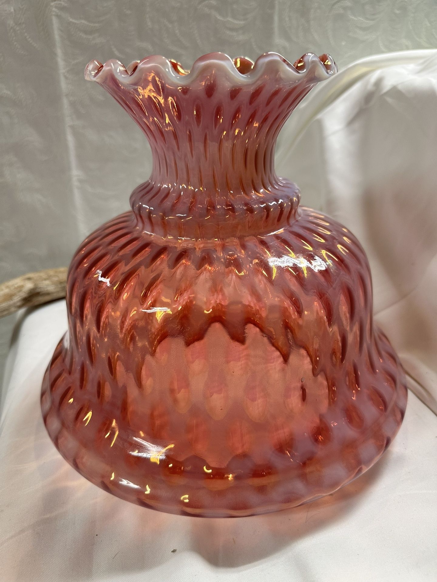 Vintage Fenton Cranberry Glass Large Ruffled Opalescent Diamond Optic Lamp Shade
