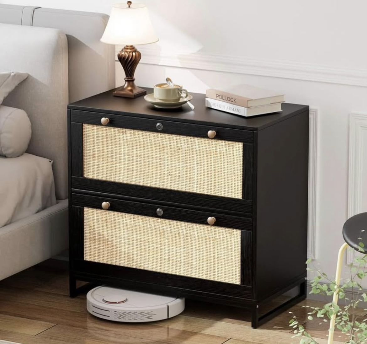 NEW - Black Rattan Lateral File Cabinet with 2 Lockable Drawers, Wooden Locking File Cabinets