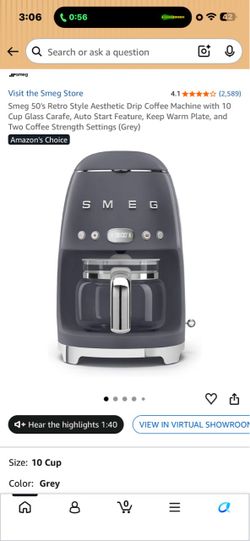 Smeg 50's Retro Style Aesthetic Drip Coffee Machine with 10 Cup Glass Carafe, Auto Start Feature, Keep Warm Plate, and Two Coffee Strength Settings (G