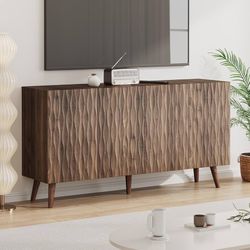  Fluted Sideboard Cabinet, Freestanding Walnut Buffet Cabinet with 4 Doors & Adjustable Shelves, Wooden Storage Cabinet for Living Room, Entryway, Hal