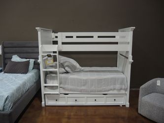 Davis Home Northport Twin Over Twin Bunk w Trundle - White | Bed | Bed Frame