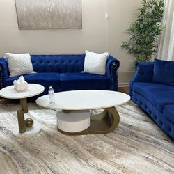 2 Pc Blue Sofa Set With Gold 