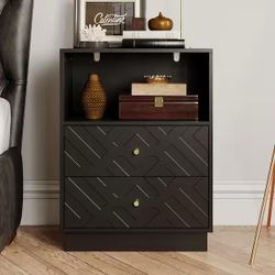 Modern Black 2-Drawer 23.6 in. W Nightstand with Open Shelf, Geometric Pattern, Gold Handles, Stylish Bedroom Storage