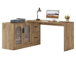 F2370 47.24 in. L Shaped Brown Wood 2-Drawer Computer Desk, Reversible Executive Office Desk with Storage Cabinet