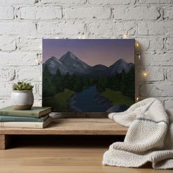 Original Mountain Landscape Acrylic Painting - Sunset River Scene