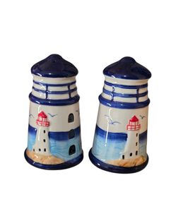 Hand Painted Blue And White Ceramic Lighthouse Salt And Pepper Shakers Beach