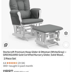 Storkcraft Premium Hoop Glider & Ottoman (White/Gray) — Nursery Glider, Solid Wood