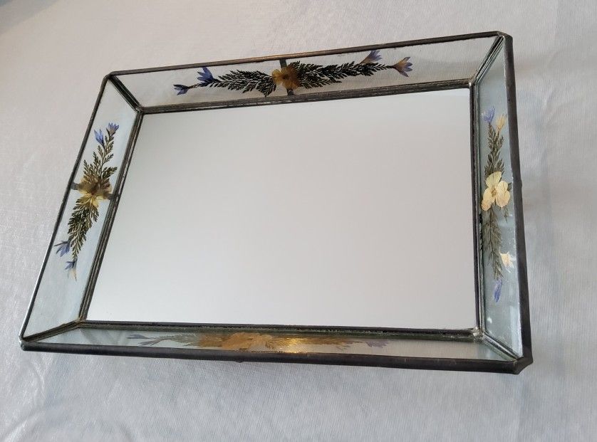 Vanity Tray/ Mirrored Center With Pressed Flowers In Clear Glass On Sides/Unique