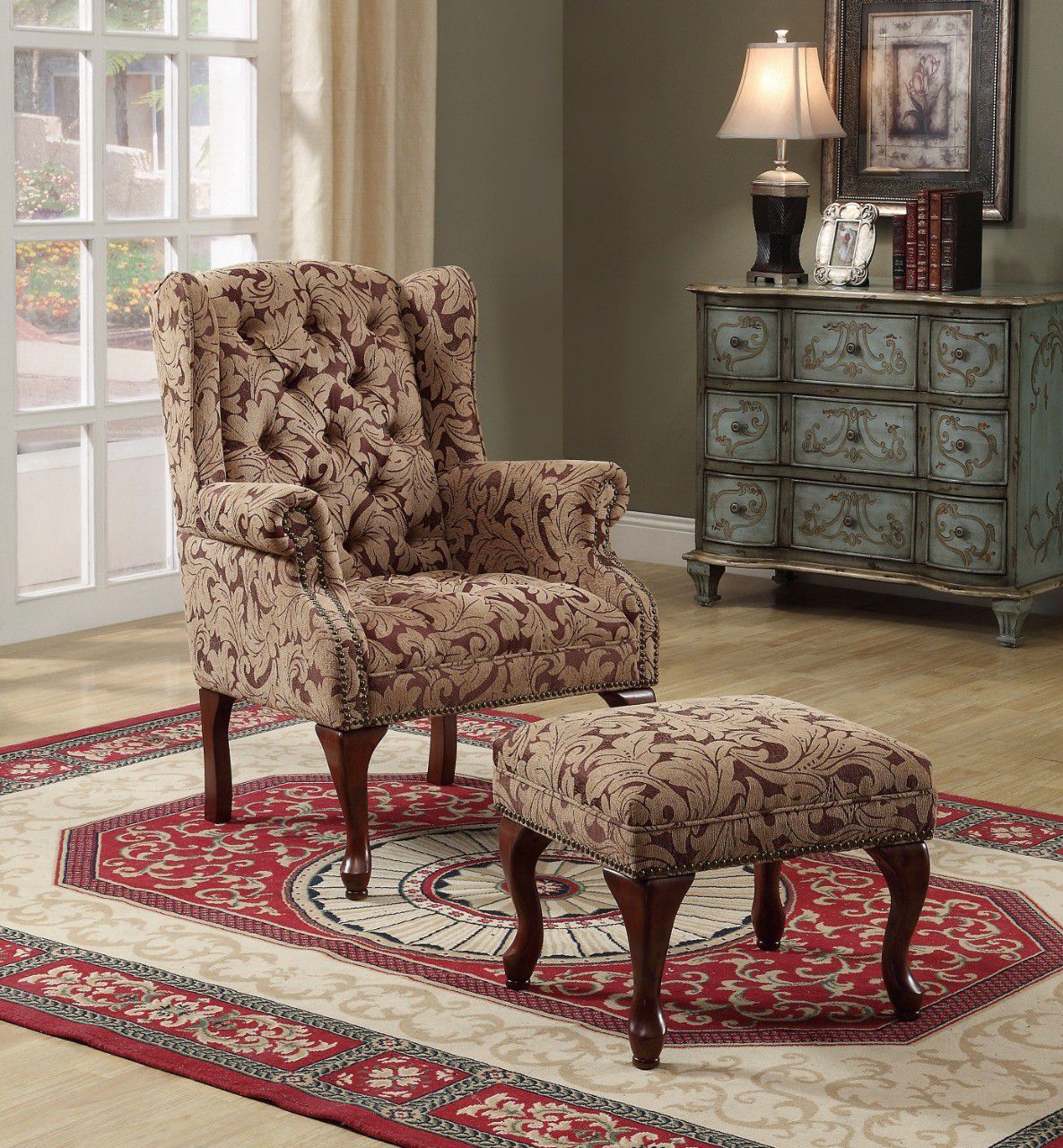 Tufted Back Accent Chair And Ottoman Light Brown And Burgundy - $439