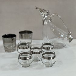 Barware ~ Vintage Silver Plate Duck Decanter/Pitcher; 2 Dorothy Thorpe Silver Fade 8 Lowball Whiskey Glasses; 6 Libbey Martini Set Glassware Barware