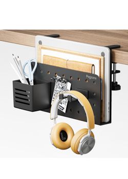 New Desk Side Storage Organizer, No Drill Under Desk Laptop Holder, Clamp on Desks Shelf with Pegboard Accessories, Hanging Laptop Mount, Fits Flat Ed