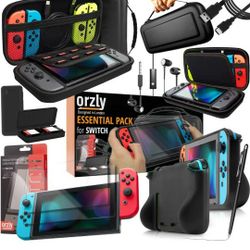 Switch Accessories Bundle - Orzly Essentials Pack for Nintendo Switch Case & Screen Protector (NOT OLED Model), Grip Case, Games Holder, Headphones - 