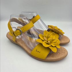 BOC Born Concept Leather Women's Sz 9 Wedge Ankle Strap Sandals Yellow Flower