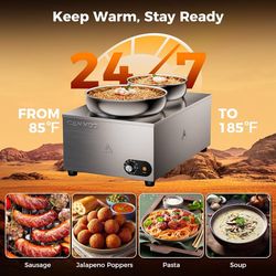 2-in-1 Steam Table Food Warmer and Soup Warmer Commercial Portable 1200W Bain Marie 20qt Stainless Steel Pot 86~185°F Adjustable Temp Buffet Servers a