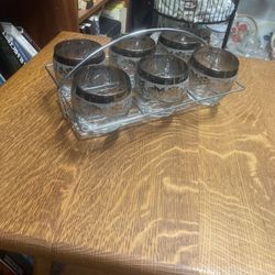 Vintage Mid Century Modern Glass Glass Set Of Six With Caddy 