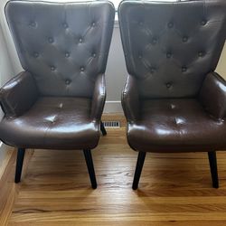 Dolonm PU Leather Accent Chair Modern Tufted Button Wingback Reading Chair with Arms Upholstered Tall Back Side Chair with Solid Wood Legs for Living 