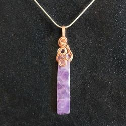 Copper wire wrapped amethyst bar pendant on silver snake chain necklace new