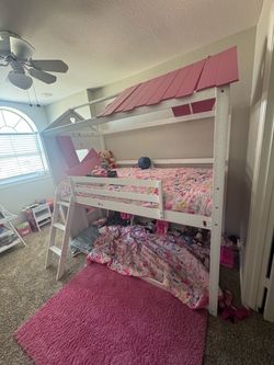 $200 OBO ~ bunk beds with pink roof, stairs, & play window.