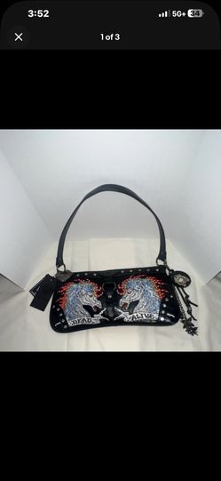 Ed Hardy Studded Embroidered Shoulder Bag Horse Applique Charm Black Multicolor
