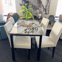 Stylish 5-Pc Dining Set With White Wool Fabric Upholstery Brand New