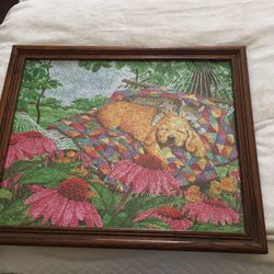 22.5 by18.5 Puzzle Of Sleeping Puppy Framed In Oak Frame. Would Be Great For Child ‘s Room.