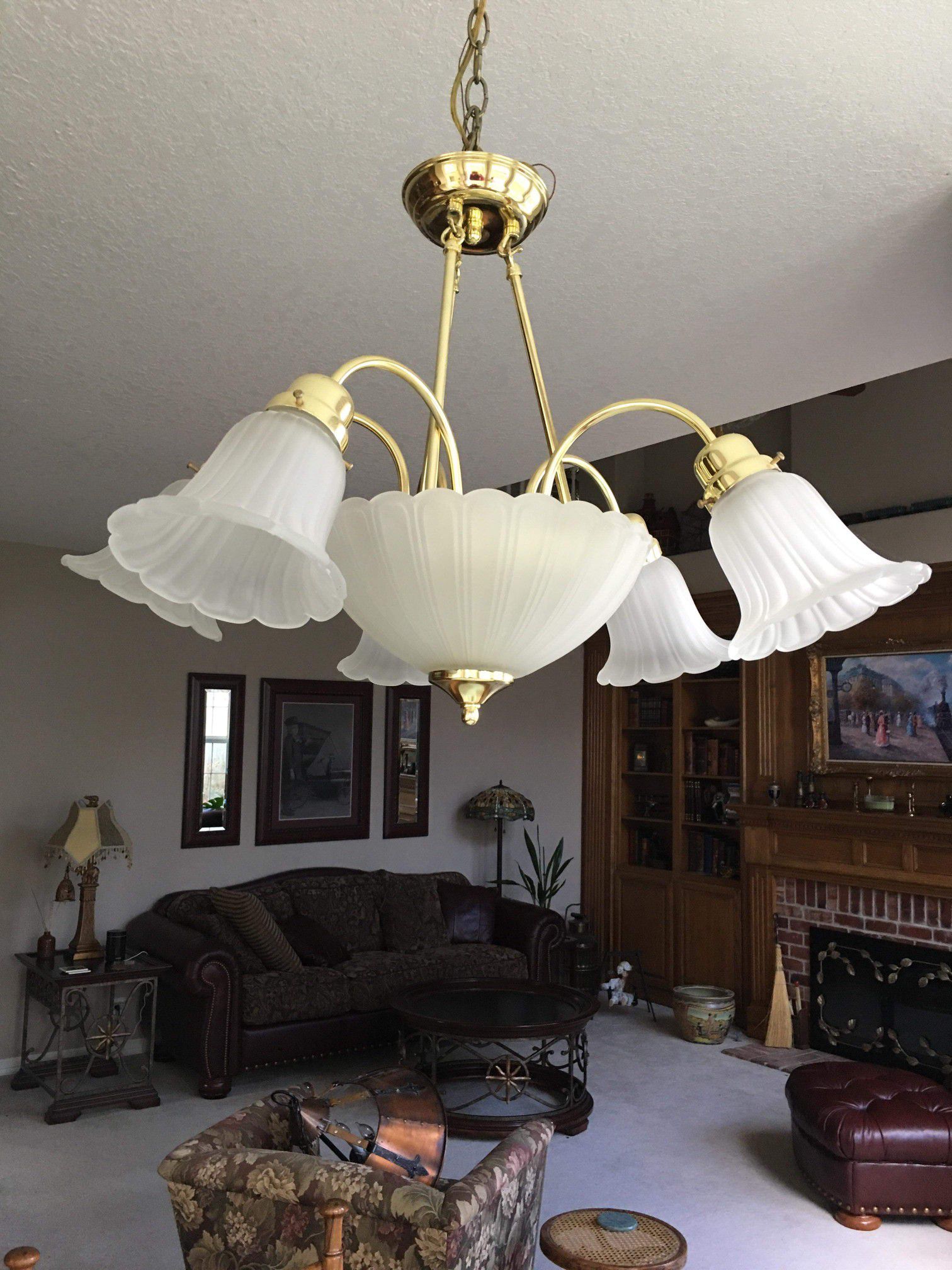 Brass Hanging Light Fixture with Frosted Glass lamps. Chandelier Pick up in Bethany area near Beaverton