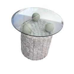 Postmodern Tessellated Stone Gemetric Side Table with Round Glass