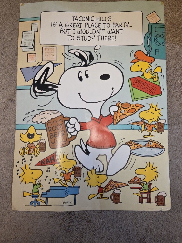 Vintage 20" x 28" Hallmark Peanuts Snoopy Poster Taconic Hills Is A Great Place To Party!