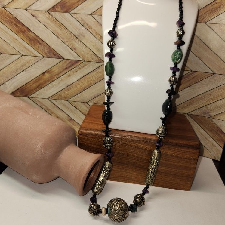 #12, ANTIQUE ART NOUVEOU, NECKLACE, NATURAL GEMS, HAND CRAFTED SCROLLED CYLINDER