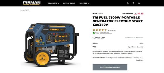 245H Tri Fuel 7500W Portable Generator Electric Start 120/240V