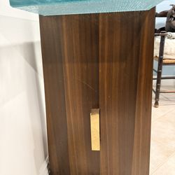 Wood Consult Table With Brass And Aqua Glass