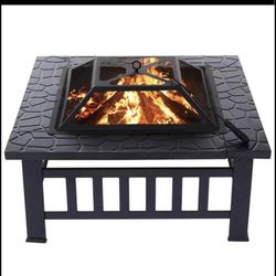 KingSo 32'' Square Fire Pit Table with screen Metal BBQ Grill Pit Wood Burning Pit Bonfire Pit for O
