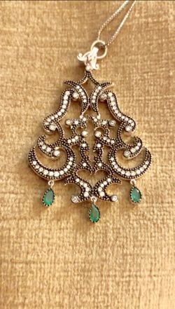 Large Antique Style Emerald Topaz Silver & Bronze Pendant