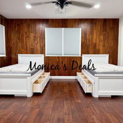 2 Twin Solid Wood Beds With 3 Drawers And Mattresses $1,140