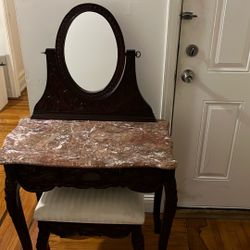 Dark Cherry Wood Marble Top Vanity W/ Mirror