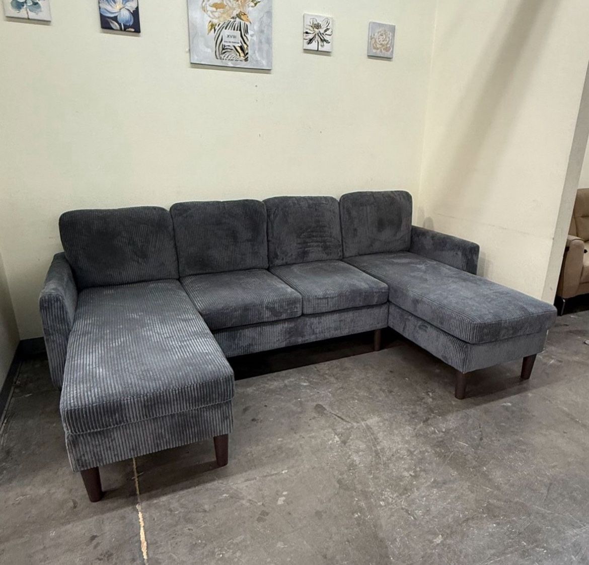 Brand new grey corduroy Sectional Sofa with two chaises