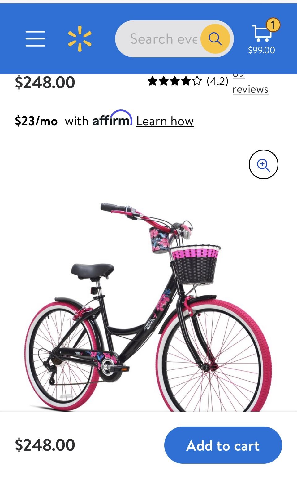 Susan G Komen 26 Women's Cruiser Bike, Black/Pink Will Assemble