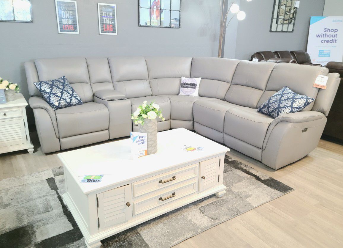 🤯 GENUINE LEATHER POWER RECLINING SECTIONAL SOFA LIGHT GREY ‼️ LIMITED TIME OFFER 
