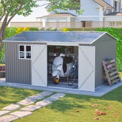 12x10 FT Outdoor Storage Shed Metal, Large Garden Tool Sheds Outdoor with Lockable Doors, Waterproof Steel Utility Storage Building, Heavy Duty Equipm
