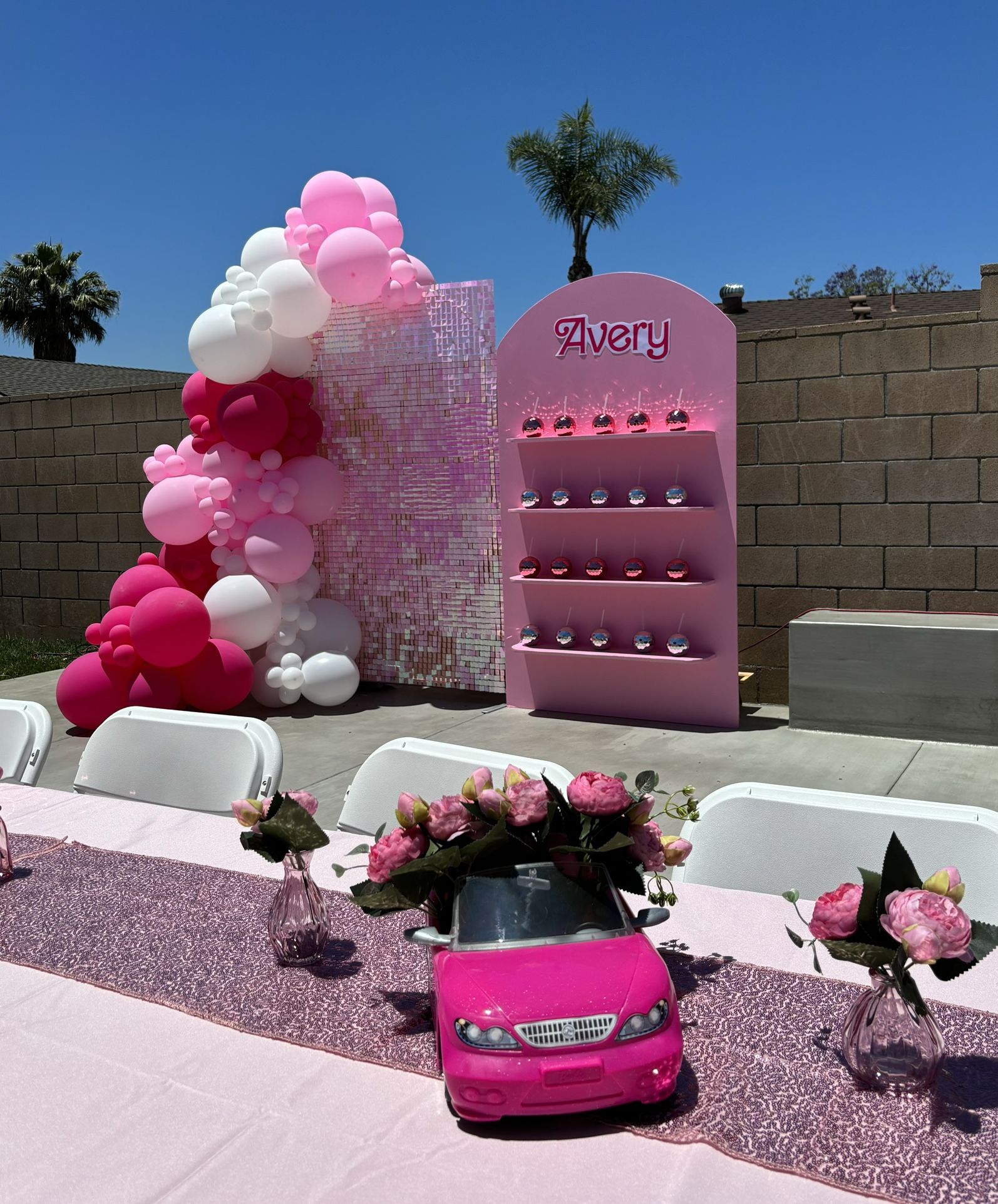 Balloon backdrop with shimmer wall and Favors Display