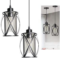  Set Of 2 Black  Pendant Light with Clear Glass, Farmhouse Industrial Cage Hanging Lighting  