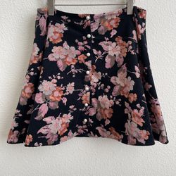 FOR LOVE & LEMONS Black Pink Floral Corduroy Pearl Button Up A-Line Mini Skirt