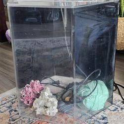 30 Gallon Hexagon Aquarium With Stand, Filter, Decorations, Black Sand, And Heater 42H×18W