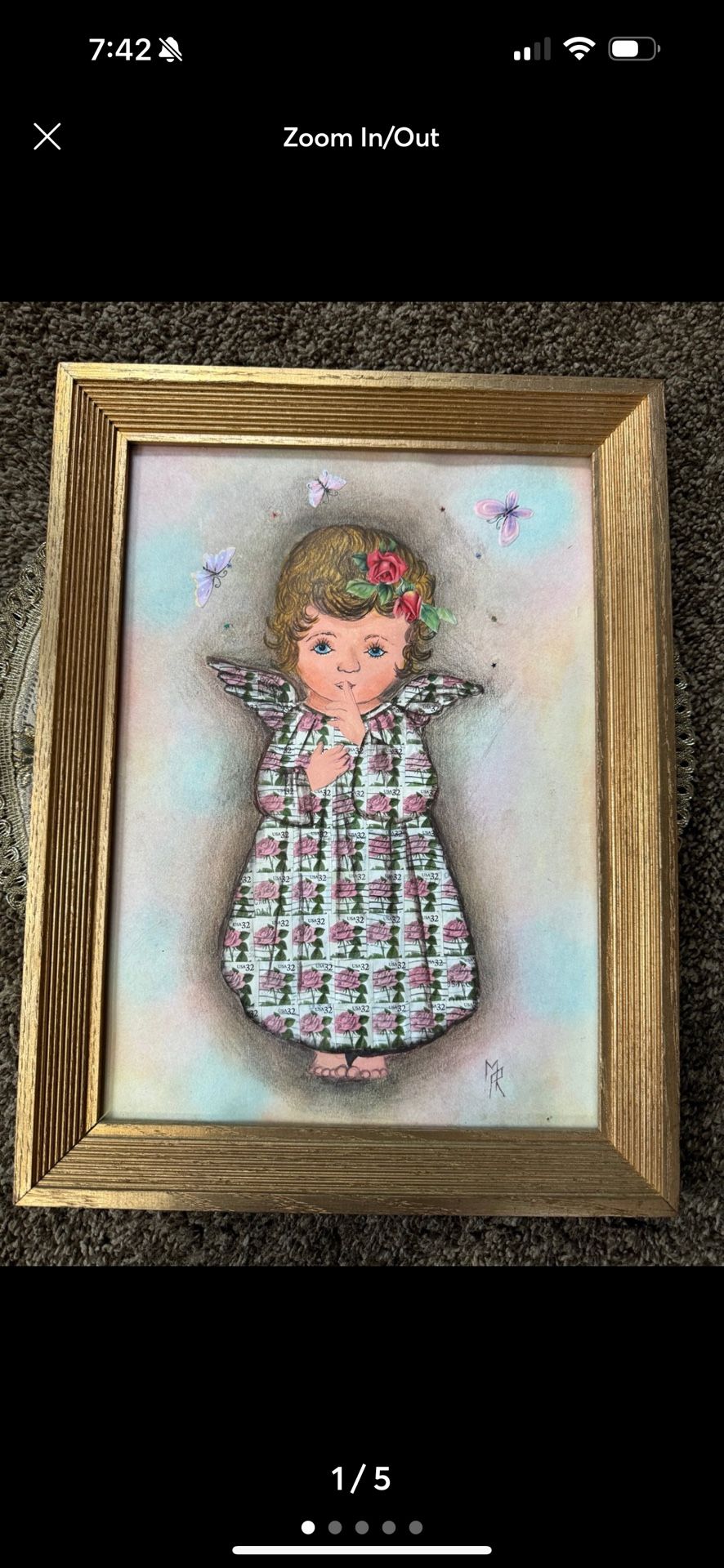 Vintage Colored Pencil Artwork with 32¢ Pink Rose Stamps Angel by MR