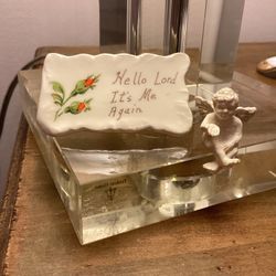 Ceramic Plaque  (2.25”  x 1.5”) with 'Hello Lord It's Me Again' and TINY 1” sitting angel figurine