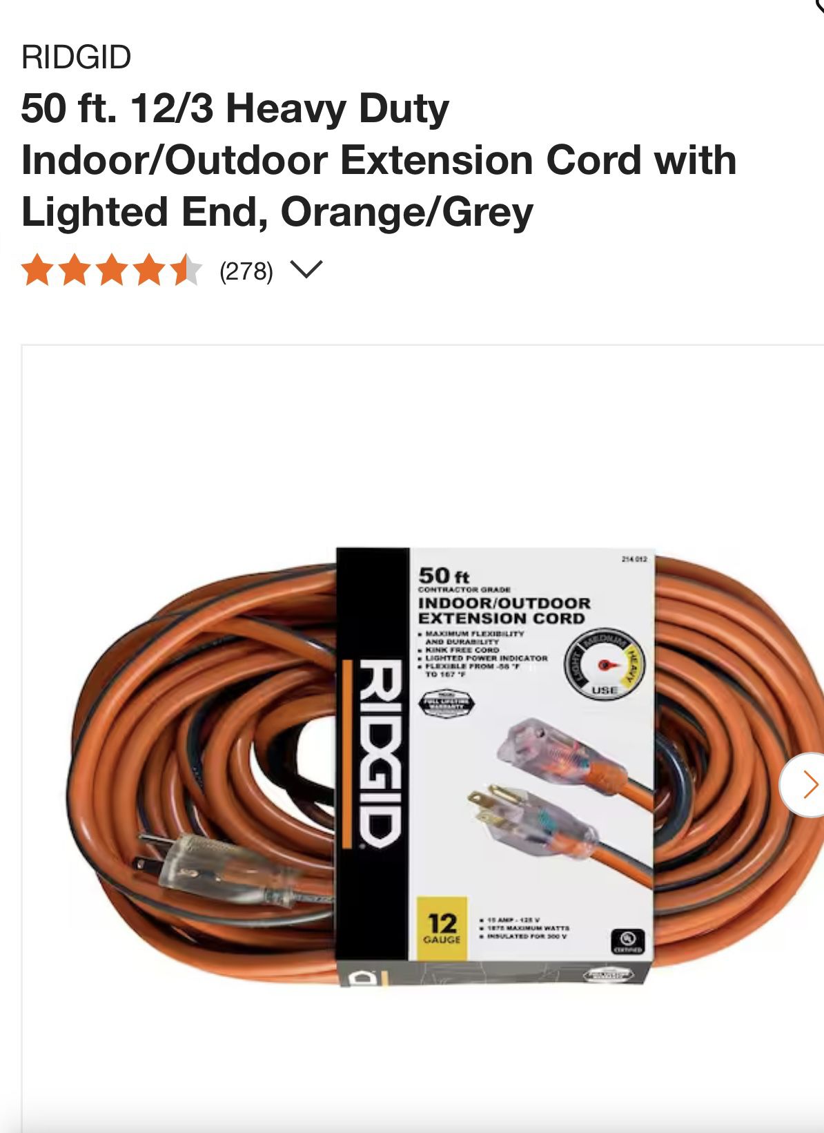 RIDGID 50 ft. 12/3 Heavy Duty Indoor/Outdoor Extension Cord with Lighted End, Orange/Grey (278)