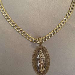 10 Kt Solid Gold Chain W/ Guadalupe Charm
