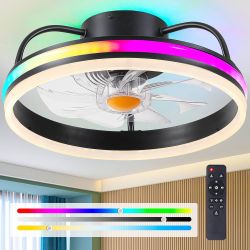 Brand New Ceiling Fan Low Profile Ceiling Fan with Light Modern Flush Mount 13" RGB LED Bladeless LED-RGB Ambient Light Black for Bedroom, for Kids Ro