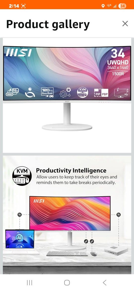 MSI Modern MD342CQPW 34in VA 3440 x 1440(UWQHD) Computer Monitor, 120Hz, 1800 Curved, Adaptive-Sync, HDMI, DP, USBC 98W Power Delivery, KVM, Height Ad